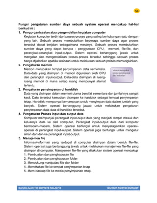 54
BAHAN AJAR TIK SMP/MTS KELAS VII BAHRUR ROSYIDI DURAISY
Fungsi pengaturan sumber daya sebuah system operasi mencakup hal-hal
berikut ini :
1. Pengorganisasian atau pengendalian kegiatan computer
Kegiatan komputer terdiri dari proses-proses yang saling berhubungan satu dengan
yang lain. Sebuah proses membutuhkan beberapa sumber daya agar proses
tersebut dapat berjalan sebagaimana mestinya. Sebuah proses membutuhkan
sumber daya yang dapat berupa : penggunaan CPU, memori, file-file, dan
perangkat-perangkat input-output. Sistem operasi bertanggung jawab untuk
mengatur dan mengendalikan proses-proses tersebut sehingga sebuah proses
hanya dijalankan apabila keadaan untuk melakukan sebuah proses memungkinkan.
2. Pengaturan memori
Memori merupakan tempat penyimpanan data sementara.
Data-data yang disimpan di memori digunakan oleh CPU
dan perangkat input-output. Data-data disimpan di ruang-
ruang memori di mana setiap ruang mempunyai alamat
tertentu.
3. Pengaturan penyimpanan di harddisk
Data yang disimpan dalam memori utama bersifat sementara dan jumlahnya sangat
kecil. Data tersebut kemudian disimpan ke harddisk sebagai tempat penyimpanan
tetap. Harddisk mempunyai kemampuan untuk menyimpan data dalam jumlah yang
banyak. Sistem operasi bertanggung jawab untuk melakukan pengaturan
penyimpanan data-data di harddisk tersebut.
4. Pengaturan Proses input dan output data
Komputer mempunyai perangkat input-ouput data yang menjadi tempat masuk dan
keluarnya data ke dari computer. Perangkat input-output data dari komputer
bermacam-macam. Sistem operasi berfungsi untuk menyeragamkan operasi-
operasi di perangkat input-output. Sistem operasi juga berfungsi untuk mengatur
aliran dari dan ke perangkat input-output.
5. Manajemen file
Informasi-informasi yang terdapat di computer disimpan dalam bentuk file-file.
Sistem operasi juga bertanggung jawab untuk melakukan manajemen file-file yang
disimpan di computer. Manajemen file-file yang dilakukan sistem operasi mencakup
1. Pembuatan dan penghapusan file
2. Pembuatan dan penghapusan folder
3. Mendukung manipulasi file dan folder
4. Memetakan file ke tempat penyimpanan tetap
5. Mem-backup file ke media penyimpanan tetap.
Memori merupakan
tempat penyimpanan
data sementara
 