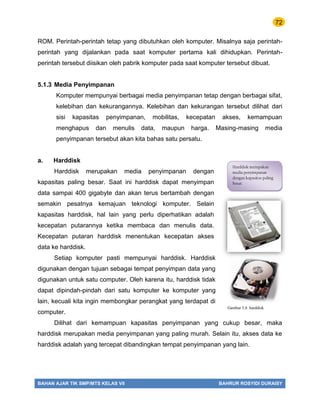 72
BAHAN AJAR TIK SMP/MTS KELAS VII BAHRUR ROSYIDI DURAISY
ROM. Perintah-perintah tetap yang dibutuhkan oleh komputer. Misalnya saja perintah-
perintah yang dijalankan pada saat komputer pertama kali dihidupkan. Perintah-
perintah tersebut diisikan oleh pabrik komputer pada saat komputer tersebut dibuat.
5.1.3 Media Penyimpanan
Komputer mempunyai berbagai media penyimpanan tetap dengan berbagai sifat,
kelebihan dan kekurangannya. Kelebihan dan kekurangan tersebut dilihat dari
sisi kapasitas penyimpanan, mobilitas, kecepatan akses, kemampuan
menghapus dan menulis data, maupun harga. Masing-masing media
penyimpanan tersebut akan kita bahas satu persatu.
a. Harddisk
Harddisk merupakan media penyimpanan dengan
kapasitas paling besar. Saat ini harddisk dapat menyimpan
data sampai 400 gigabyte dan akan terus bertambah dengan
semakin pesatnya kemajuan teknologi komputer. Selain
kapasitas harddisk, hal lain yang perlu diperhatikan adalah
kecepatan putarannya ketika membaca dan menulis data.
Kecepatan putaran harddisk menentukan kecepatan akses
data ke harddisk.
Setiap komputer pasti mempunyai harddisk. Harddisk
digunakan dengan tujuan sebagai tempat penyimpan data yang
digunakan untuk satu computer. Oleh karena itu, harddisk tidak
dapat dipindah-pindah dari satu komputer ke komputer yang
lain, kecuali kita ingin membongkar perangkat yang terdapat di
computer.
Dilihat dari kemampuan kapasitas penyimpanan yang cukup besar, maka
harddisk merupakan media penyimpanan yang paling murah. Selain itu, akses data ke
harddisk adalah yang tercepat dibandingkan tempat penyimpanan yang lain.
Harddisk merupakan
media penyimpanan
dengan kapasitas paling
besar.
Gambar 5.6 harddisk
 