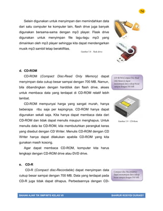 74
BAHAN AJAR TIK SMP/MTS KELAS VII BAHRUR ROSYIDI DURAISY
Selain digunakan untuk menyimpan dan memindahkan data
dari satu computer ke komputer lain, flash drive juga banyak
digunakan bersama-sama dengan mp3 player. Flask drive
digunakan untuk menyimpan file lagu-lagu mp3 yang
dimainkan oleh mp3 player sehingga kita dapat mendengarkan
musik mp3 sambil tetap beraktifitas.
d. CD-ROM
CD-ROM (Compact Disc-Read Only Memory) dapat
menyimpan data cukup besar sampai dengan 700 MB. Namun,
bila dibandingkan dengan harddisk dan flash drive, akses
untuk membaca data yang terdapat di CD-ROM relatif lebih
lambat.
CD-ROM mempunyai harga yang sangat murah, hanya
beberapa ribu saja per kepingnya. CD-ROM hanya dapat
digunakan sekali saja. Kita hanya dapat membaca data dari
CD-ROM dan tidak dapat menulis maupun menghapus. Untuk
menulis data ke CD-ROM, kita membutuhkan perangkat keras
yang disebut dengan CD Writer. Menulis CD-ROM dengan CD
Writer hanya dapat dilakukan apabila CD-ROM yang kita
gunakan masih kosong.
Agar dapat membaca CD-ROM, komputer kita harus
lengkapi dengan CD-ROM drive atau DVD drive.
e. CD-R
CD-R (Compact disc-Recordable) dapat menyimpan data
cukup besar sampai dengan 700 MB. Data yang terdapat pada
CD-R juga tidak dapat dihapus. Perbedaannya dengan CD-
Gambar 5.8 . flask drive
CD-ROM (Compact Disc-Read
Only Memory) dapat
menyimpan data cukup besar
sampai dengan 700 MB
Gambar 5.9 CD-Rom
Compact disc-Recordable)
dapat menyimpan data cukup
besar sampai dengan 700 MB.
 