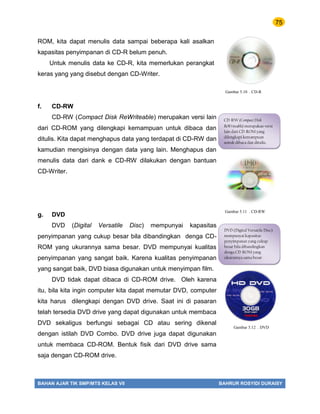 75
BAHAN AJAR TIK SMP/MTS KELAS VII BAHRUR ROSYIDI DURAISY
ROM, kita dapat menulis data sampai beberapa kali asalkan
kapasitas penyimpanan di CD-R belum penuh.
Untuk menulis data ke CD-R, kita memerlukan perangkat
keras yang yang disebut dengan CD-Writer.
f. CD-RW
CD-RW (Compact Disk ReWriteable) merupakan versi lain
dari CD-ROM yang dilengkapi kemampuan untuk dibaca dan
ditulis. Kita dapat menghapus data yang terdapat di CD-RW dan
kamudian mengisinya dengan data yang lain. Menghapus dan
menulis data dari dank e CD-RW dilakukan dengan bantuan
CD-Writer.
g. DVD
DVD (Digital Versatile Disc) mempunyai kapasitas
penyimpanan yang cukup besar bila dibandingkan denga CD-
ROM yang ukurannya sama besar. DVD mempunyai kualitas
penyimpanan yang sangat baik. Karena kualitas penyimpanan
yang sangat baik, DVD biasa digunakan untuk menyimpan film.
DVD tidak dapat dibaca di CD-ROM drive. Oleh karena
itu, bila kita ingin computer kita dapat memutar DVD, computer
kita harus dilengkapi dengan DVD drive. Saat ini di pasaran
telah tersedia DVD drive yang dapat digunakan untuk membaca
DVD sekaligus berfungsi sebagai CD atau sering dikenal
dengan istilah DVD Combo. DVD drive juga dapat digunakan
untuk membaca CD-ROM. Bentuk fisik dari DVD drive sama
saja dengan CD-ROM drive.
Gambar 5.10 . CD-R
CD-RW (Compact Disk
ReWriteable) merupakan versi
lain dari CD-ROM yang
dilengkapi kemampuan
untuk dibaca dan ditulis.
Gambar 5.11 . CD-RW
DVD (Digital Versatile Disc)
mempunyai kapasitas
penyimpanan yang cukup
besar bila dibandingkan
denga CD-ROM yang
ukurannya sama besar
Gambar 5.12 . DVD
 