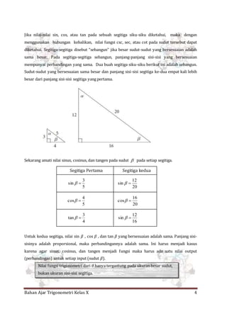 Bahan Ajar Trigonometri Kelas X 4
Jika nilai-nilai sin, cos, atau tan pada sebuah segitiga siku-siku diketahui, maka dengan
menggunakan hubungan kebalikan, nilai fungsi csc, sec, atau cot pada sudut tersebut dapat
diketahui. Segitiga-segitiga disebut “sebangun” jika besar sudut-sudut yang bersesuaian adalah
sama besar. Pada segitiga-segitiga sebangun, panjang-panjang sisi-sisi yang bersesuaian
mempunyai perbandingan yang sama. Dua buah segitiga siku-siku berikut ini adalah sebangun.
Sudut-sudut yang bersesuaian sama besar dan panjang sisi-sisi segitiga ke-dua empat kali lebih
besar dari panjang sisi-sisi segitiga yang pertama.
Sekarang amati nilai sinus, cosinus, dan tangen pada sudut  pada setiap segitiga.
Segitiga Pertama Segitiga kedua
5
3
sin 
20
12
sin 
5
4
cos 
20
16
cos 
4
3
tan 
16
12
sin 
Untuk kedua segitiga, nilai sin 𝛽 , cos 𝛽 , dan tan 𝛽 yang bersesuaian adalah sama. Panjang sisi-
sisinya adalah proporsional, maka perbandingannya adalah sama. Ini harus menjadi kasus
karena agar sinus, cosinus, dan tangen menjadi fungsi maka harus ada satu nilai output
(perbandingan) untuk setiap input (sudut 𝛽).
Nilai fungsi trigonometri dari 𝜃 hanya tergantung pada ukuran besar sudut,
bukan ukuran sisi-sisi segitiga.
 