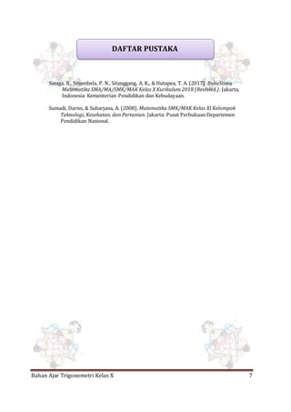 Bahan Ajar Trigonometri Kelas X 7
Sinaga, B., Sinambela, P. N., Sitanggang, A. K., & Hutapea, T. A. (2017). BukuSiswa
Matematika SMA/MA/SMK/MAK Kelas X Kurikulum 2018 (Revisied.). Jakarta,
Indonesia: Kementerian Pendidikan dan Kebudayaan.
Sumadi, Darno, & Suharjana, A. (2008). Matematika SMK/MAK Kelas XI Kelompok
Teknologi, Kesehatan, dan Pertanian. Jakarta: Pusat Perbukuan Departemen
Pendidikan Nasional.
DAFTAR PUSTAKA
 