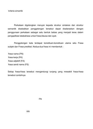 kriteria simantik




      Perkataan digolongkan merujuk kepada struktur sintaksis dan struktur
semantik disebabkan penggolongan tersebut dapat diselaraskan dengan
penggunaan perkataan sebagai satu bentuk bebas yang menjadi teras dalam
pengaplikasi tatabahasa untuk frasa,klausa dan ayat.


      Penggolongan kata terdapat konstituen-konstituen utama iaitu Frasa
subjek dan Frasa predikat. Kedua-dua frasa ini membentuk :


frasa nama (FN)
frasa kerja (FK)
frasa adjektif (FA)
frasa sendi nama (FS)


Setiap frasa-frasa tersebut mengandungi tunjang yang mewakili frasa-frasa
tersebut contohnya




                                 FN




                      KN
 