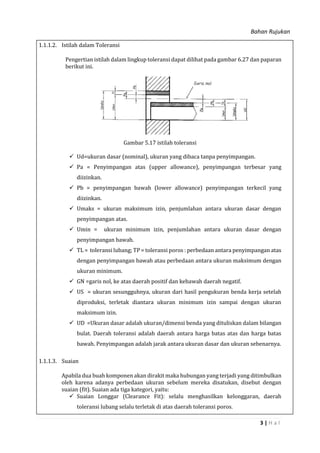 Bahan Rujukan
3 | H a l
1.1.1.2. Istilah dalam Toleransi
Pengertian istilah dalam lingkup toleransi dapat dilihat pada gambar 6.27 dan paparan
berikut ini.
Gambar 5.17 istilah toleransi
 Ud=ukuran dasar (nominal), ukuran yang dibaca tanpa penyimpangan.
 Pa = Penyimpangan atas (upper allowance), penyimpangan terbesar yang
diizinkan.
 Pb = penyimpangan bawah (lower allowance) penyimpangan terkecil yang
diizinkan.
 Umaks = ukuran maksimum izin, penjumlahan antara ukuran dasar dengan
penyimpangan atas.
 Umin = ukuran minimum izin, penjumlahan antara ukuran dasar dengan
penyimpangan bawah.
 TL = toleransi lubang; TP= toleransi poros : perbedaan antara penyimpangan atas
dengan penyimpangan bawah atau perbedaan antara ukuran maksimum dengan
ukuran minimum.
 GN =garis nol, ke atas daerah positif dan kebawah daerah negatif.
 US = ukuran sesungguhnya, ukuran dari hasil pengukuran benda kerja setelah
diproduksi, terletak diantara ukuran minimum izin sampai dengan ukuran
maksimum izin.
 UD =Ukuran dasar adalah ukuran/dimensi benda yang dituliskan dalam bilangan
bulat. Daerah toleransi adalah daerah antara harga batas atas dan harga batas
bawah. Penyimpangan adalah jarak antara ukuran dasar dan ukuran sebenarnya.
1.1.1.3. Suaian
Apabila dua buah komponen akan dirakit maka hubungan yang terjadi yang ditimbulkan
oleh karena adanya perbedaan ukuran sebelum mereka disatukan, disebut dengan
suaian (fit). Suaian ada tiga kategori, yaitu:
 Suaian Longgar (Clearance Fit): selalu menghasilkan kelonggaran, daerah
toleransi lubang selalu terletak di atas daerah toleransi poros.
 