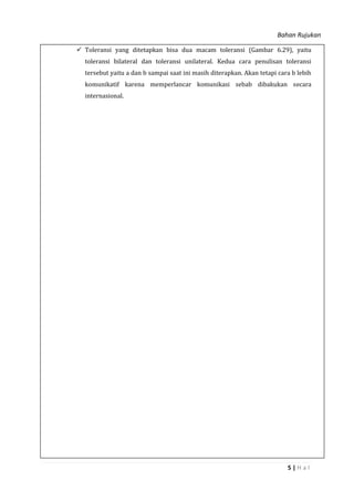 Bahan Rujukan
5 | H a l
 Toleransi yang ditetapkan bisa dua macam toleransi (Gambar 6.29), yaitu
toleransi bilateral dan toleransi unilateral. Kedua cara penulisan toleransi
tersebut yaitu a dan b sampai saat ini masih diterapkan. Akan tetapi cara b lebih
komunikatif karena memperlancar komunikasi sebab dibakukan secara
internasional.
 