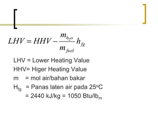 LHV = Lower Heating Value
HHV= Higer Heating Value
m = mol air/bahan bakar
Hfg = Panas laten air pada 25oC
= 2440 kJ/kg = 1050 Btu/lbm
fg
fuel
oh
h
m
m
HHVLHV 2

 
