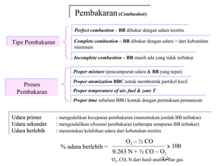 Pembakaran (Combustion)
                         Pembakaran (Combustion)
                         Perfect combustion – BB dibakar dengan udara teoritis
                         Perfect combustion – BB dibakar dengan udara teoritis

Tipe Pembakaran
Tipe Pembakaran          Complete combustion – BB dibakar dengan udara > dari kebutuhan
                         Complete combustion – BB dibakar dengan udara > dari kebutuhan
                         minimum
                         minimum
                         Incomplete combustion – BB masih ada yang tidak terbakar
                         Incomplete combustion – BB masih ada yang tidak terbakar

                         Proper mixture (pencampuran udara & BB yang tepat)
                         Proper mixture (pencampuran udara & BB yang tepat)
                         Proper atomization BBC untuk membentuk partikel kecil
                         Proper atomization BBC untuk membentuk partikel kecil
   Proses
   Proses
 Pembakaran              Proper temperature of air, fuel & zone T
                         Proper temperature of air, fuel & zone T
 Pembakaran
                         Proper time sebelum BBG kontak dengan permukaan pemanasan
                         Proper time sebelum BBG kontak dengan permukaan pemanasan


Udara primer
Udara primer     :: mengedalikan kecepatan pembakaran (menentukan jemlah BB terbakar)
                    mengedalikan kecepatan pembakaran (menentukan jemlah BB terbakar)
Udara sekunder
Udara sekunder   :: mengendalikan efisiensi pembakaran (seberapa sempuran BB terbakar)
                    mengendalikan efisiensi pembakaran (seberapa sempuran BB terbakar)
Udara berlebih
Udara berlebih   :: menentukan kelebihan udara dari kebutuhan teoritis
                    menentukan kelebihan udara dari kebutuhan teoritis

                                                  O2 – ½ CO
                   % udara berlebih =                                  x 100
                                            0.263 N + ½ CO – O2
                                                                    12
                                           O2, CO, N dari hasil analisa flue gas
 