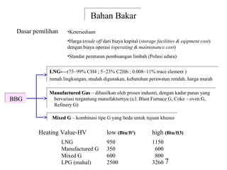 Bahan Bakar
                                Bahan Bakar
 Dasar pemilihan     •Ketersediaan
                     •Harga (trade off dari biaya kapital (storage facilities & eqipment cost)
                     dengan biaya operasi (operating & maintenance cost)
                     •Standar peraturan pembuangan limbah (Polusi udara)

            LNG----(75~99% CH4 ;; 5~23% C2H6 ;; 0.008~11% trace element ))
            LNG-
             LNG----(75~99% CH4 5~23% C2H6 0.008~11% trace element
             LNG-
            ramah lingkungan, mudah digunakan, kebutuhan perawatan rendah, harga murah
             ramah lingkungan, mudah digunakan, kebutuhan perawatan rendah, harga murah

            Manufactured Gas – dihasilkan oleh proses industri, dengan kadar panas yang
            Manufactured Gas – dihasilkan oleh proses industri, dengan kadar panas yang
BBG
BBG          bervariasi tergantung manufakturnya (a.l. Blast Furnace G, Coke – oven G,
             bervariasi tergantung manufakturnya (a.l. Blast Furnace G, Coke – oven G,
             Refinery G)
             Refinery G)

             Mixed G – kombinasi tipe G yang beda untuk tujuan khusus
             Mixed G – kombinasi tipe G yang beda untuk tujuan khusus

        Heating Value-HV                 low (Btu/ft3)          high (Btu/ft3)
                   LNG                   950                    1150
                   Manufactured G        350                     600
                   Mixed G               600                     800
                   LPG (mahal)           2500                   3260 7
 