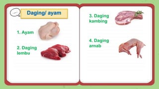 Daging/ ayam
3. Daging
kambing
2. Daging
lembu
1. Ayam
4. Daging
arnab
 