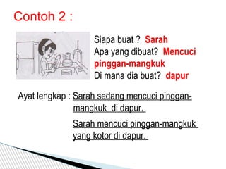 Contoh 2 :
Siapa buat ? Sarah
Apa yang dibuat? Mencuci
pinggan-mangkuk
Di mana dia buat? dapur
Ayat lengkap : Sarah sedang mencuci pinggan-
mangkuk di dapur.
Sarah mencuci pinggan-mangkuk
yang kotor di dapur.
 