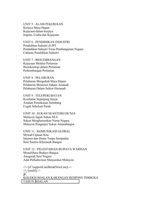 UNIT 5 : ALAM PEKERJAAN
Kerjaya Masa Depan
Kejayaan dalam kerjaya
Impian, Usaha dan Kejayaan

UNIT 6 : PENDIDIKAN INDUSTRI
Pendidikan Industri di IPT
Pendidikan Industri Teras Pembangunan Negara
Cabaran Pendidikan Industri

UNIT 7 : BIOLEMBANGAN
Kejayaan Melalui Pertanian
Bioteknologi dalam Pertanian
Perkembangan Pertanian

UNIT 8 : PELABURAN
Pelaburan Mengubah Masa Depan
Pelaburan Menerusi Saham Amanah
Pelaburan Dalam Sektor Hartanah

UNIT 9 : TELEPERUBATAN
Kesihatan Sepanjang Hayat
Amalan Pemakanan Seimbang
Cegah Sebelum Parah

UNIT 10 : SUKAN SEANTERO DUNIA
Malaysia Jaguh Sukan SEA
Sukan Mengharumkan Nama Negara
Malaysia Penganjur Sukan Antarabangsa

UNIT 11 : KOMUNIKASI GLOBAL
Mykad Ciptaan Kita
Internet dan Dunia Tanpa Sempadan
Seni Sastera Khazanah Bangsa

UNIT 12 : PELESTARIAN BUDAYA WARISAN
Memelihara Budaya Bangsa
Anugerah Seni Negara
Adat Perkahwinan Masyarakat Malaysia

<!--[if !supportLineBreakNewLine]-->
<!--[endif]-->

KOLEKSI SOALAN KARANGAN RESPONS TERBUKA
TAHUN SOALAN
 