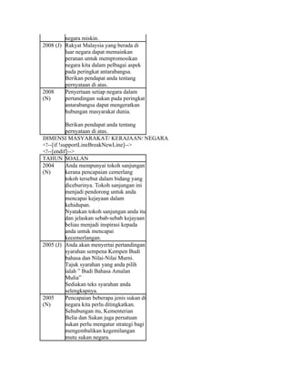negara miskin.
2008 (J) Rakyat Malaysia yang berada di
         luar negara dapat memainkan
         peranan untuk mempromosikan
         negara kita dalam pelbagai aspek
         pada peringkat antarabangsa.
         Berikan pendapat anda tentang
         pernyataan di atas.
2008     Penyertaan setiap negara dalam
(N)      pertandingan sukan pada peringkat
         antarabangsa dapat mengeratkan
         hubungan masyarakat dunia.

           Berikan pendapat anda tentang
           pernyataan di atas.
DIMENSI MASYARAKAT/ KERAJAAN/ NEGARA
<!--[if !supportLineBreakNewLine]-->
<!--[endif]-->
TAHUN SOALAN
2004       Anda mempunyai tokoh sanjungan
(N)        kerana pencapaian cemerlang
           tokoh tersebut dalam bidang yang
           diceburinya. Tokoh sanjungan ini
           menjadi pendorong untuk anda
           mencapai kejayaan dalam
           kehidupan.
           Nyatakan tokoh sanjungan anda itu
           dan jelaskan sebab-sebab kejayaan
           beliau menjadi inspirasi kepada
           anda untuk mencapai
           kecemerlangan.
2005 (J) Anda akan menyertai pertandingan
           syarahan sempena Kempen Budi
           bahasa dan Nilai-Nilai Murni.
           Tajuk syarahan yang anda pilih
           ialah ” Budi Bahasa Amalan
           Mulia”
           Sediakan teks syarahan anda
           selengkapnya.
2005       Pencapaian beberapa jenis sukan di
(N)        negara kita perlu ditingkatkan.
           Sehubungan itu, Kementerian
           Belia dan Sukan juga persatuan
           sukan perlu mengatur strategi bagi
           mengembalikan kegemilangan
           mutu sukan negara.
 
