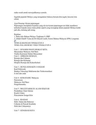 maka susah untuk mewujudkannya semula.

Ingatlah pepatah Melayu yang mengatakan bahawa bersatu kita teguh, bercerai kita
roboh.

Ayat Penutup: Kesan peperangan
Peperangan merupakan kejadian yang sia-sia kerana peperangan ini tidak membawa
kebaikan kepada mana-mana pihak seperti yang terungkap dalam pepatah Melayu kalah
jadi abu, menang jadi arang.

Rujukan:
1. Buku teks Bahasa Melayu Tingkatan 4, DBP.
2. Abdul Ghalib Yunus & Dr Ghazali Lateh, Esensi Bahasa Malaysia SPM, Longman.

TEMA KARANGAN TINGKATAN 4
TEMA DALAM BUKU TEKS TINGKATAN 4

Unit 1 : SENARIO MASYARAKAT KITA
Masyarakat Malaysia Alaf Baru
Tradisi Kejiranan Dalam Masyarakat
Unit 2 : AMBANG REMAJA
Remaja dan Cabaran
Remaja dan Keluarga
Disiplin Remaja dan Kokurikulum

Unit 3 : DUNIA SEMAKIN CANGGIH
Kad Elektronik
Budaya Teknologi Maklumat dan Telekomunikasi
E-mel dan anda

Unit 4 : KERANAMU Malaysia
Patriotisme
Malaysia Alaf Baru
Pengorbananku

Unit 5 : MELESTARIKAN ALAM SEKITAR
Pendidikan Alam Sekitar
Kualiti Udara
Pencemaran Sungai Kita

Unit 6 : RIADAH
Hobi, Sukan dan Rekreasi
Cabaran di Puncak Kinabalu
Hobi dan Cabarannya

Unit 7 : GENERASI KITA
 