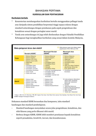 BAHAGIAN PERTAMA
KURIKULUM DAN PENTAKSIRAN
Kurikulum bertulis
* Kementerian membangunkan kurikulum bertulis menggunakan pelbagai tanda
aras daripada sistem pendidikan berprestasi tinggi supaya selaras dengan
standard antarabangsa dengan penekanan pada aspek pengetahuan dan
kemahiran sesuai dengan peringkat umur murid.
* Tanda aras antarabangsa ini juga telah diselaraskan dengan Falsafah Pendidikan
Kebangsaan bagi menghasilkan kurikulum yang sesuai dalam konteks Malaysia.
Dokumen standard KSSR berasaskan dua komponen, iaitu standard
kandungan dan standard pembelajaran.
- Standard kandungan menyatakan secara jelas pengetahuan, kemahiran, dan
nilai khusus yang perlu dikuasai oleh murid.
- Berbeza dengan KBSR, KSSR lebih memberi penekanan kepada kemahiran
seperti penaakulan, kreativiti, inovasi, dan keusahawanan.
 