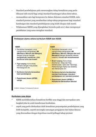 - Standard pembelajaran pula menerangkan tahap kemahiran yang perlu
dikuasai oleh murid bagi setiap standard kandungan tahun demi tahun.
- memasukkan satu lagi komponen ke dalam dokumen standard KSSR, iaitu
standard prestasi yang memberikan tahap-tahap penguasaan bagi standard
kandungan dan standard pembelajaran yang boleh dicapai oleh murid.
- Pelaksanaan KSSM yang dijangkakan bermula pada 2017 akan mempunyai
pendekatan yang sama mengikut standard.
Kurikulum yang diajar
* KSSR menitikberatkan kemahiran berfikir aras tinggi dan merupakan satu
langkah jelas ke arah transformasi kurikulum.
* aspek yang perlu ditekankan ialah kemahiran penyampaian pembelajaran yang
lebih kompleks, seperti merangka rancangan pengajaran dan bahan khusus
yang disesuaikan dengan keperluan murid pelbagai tahap prestasi
 
