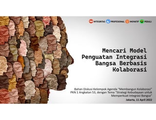 Mencari Model
Penguatan Integrasi
Bangsa Berbasis
Kolaborasi
Bahan Diskusi Kelompok Agenda “Membangun Kolaborasi”
PKN 1 Angkatan 53, dengan Tema “Strategi Kebudayaan untuk
Memperkuat Integrasi Bangsa”
Jakarta, 11 April 2022
PEDULI
INOVATIF
INTEGRITAS PROFESIONAL
 