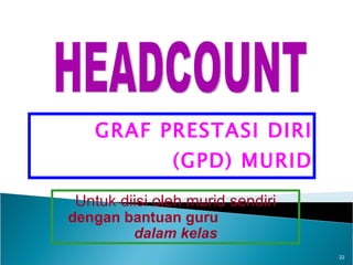 GRAF PRESTASI DIRI (GPD) MURID Untuk diisi oleh murid sendiri  dengan bantuan guru  dalam kelas HEADCOUNT 