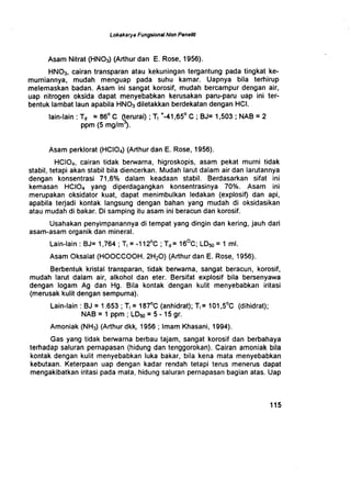 Lokakarya Fungsiona! Non PeneUd
Asam Nitrat (HNO3) (Arthur dan E. Rose, 1956) .
HNO3, cairan transparan atau kekuningan tergantung pada tingkat ke-
murniannya, mudah menguap pada suhu kamar. Uapnya bila terhirup
melemaskan badan . Asam ini sangat korosif, mudah bercampur dengan air,
uap nitrogen oksida dapat menyebabkan kerusakan paru-paru uap ini ter-
bentuk lambat laun apabila HNO3 diletakkan berdekatan dengan HCI .
lain-lain : Td = 86° C (terurai) ; T, --41,65° C ; BJ= 1,503 ; NAB = 2
ppm (5 mg/m).
Asam perklorat (HCIO 4) (Arthur dan E. Rose, 1956) .
HCIO4, cairan tidak berwarna, higroskopis, asam pekat murni tidak
stabil, tetapi akan stabil bila diencerkan . Mudah larut dalam air dan larutannya
dengan konsentrasi 71,6% dalam keadaan stabil . Berdasarkan sifat ini
kemasan HCIO4 yang diperdagangkan konsentrasinya 70% . Asam ini
merupakan oksidator kuat, dapat menimbulkan ledakan (explosif) dan api,
apabila terjadi kontak langsung dengan bahan yang mudah di oksidasikan
atau mudah di bakar . Di samping itu asam ini beracun dan korosif.
Usahakan penyimpanannya di tempat yang dingin dan kering, jauh dad
asam-asam organik dan mineral .
Lain-lain : BJ= 1,764 ; T, = -112°C ; Td = 16°C; LD50 = 1 ml.
Asam Oksalat (HOOCCOOH . 2H20) (Arthur dan E. Rose, 1956) .
Berbentuk kristal transparan, tidak berwarna, sangat beracun, korosif,
mudah larut dalam air, alkohol dan eter. Bersifat explosif bila bersenyawa
dengan logam Ag dan Hg . Bila kontak dengan kulit menyebabkan iritasi
(merusak kulit dengan sempurna) .
Lain-lain : BJ = 1 .653 ; T, = 187°C (anhidrat); T,= 101,5°C (dihidrat);
NAB= 1 ppm ; LD50 = 5 - 15 gr.
Amoniak (NH 3) (Arthur dkk, 1956 ; Imam Khasani, 1994) .
Gas yang tidak berwarna berbau tajam, sangat korosif dan berbahaya
terhadap saluran pernapasan (hidung dan tenggorokan) . Cairan amoniak bila
kontak dengan kulit menyebabkan luka bakar, bila kena mata menyebabkan
kebutaan. Keterpaan uap dengan kadar rendah tetapi terus menerus dapat
mengakibatkan iritasi pada mata, hidung saluran pernapasan bagian atas . Uap
1 1 5
 