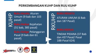 PERKEMBANGAN KUHP DAN RUU KUHP
KUHPBuku Kesatu Aturan
Umum (9 bab dan 103
pasal)
Buku Kedua Kejahatan
(31 bab, 385 pasal)
Buku Ketiga Pelanggaran
Pasal (9 bab dan 61
pasal).
RKUHP
BUKU KESATU
ATURAN UMUM (6 Bab
dan 187 Pasal)
BUKU KEDUA
TINDAK PIDANA (37 Bab
dan 437 Pasal/ Pasal
188-Pasal 624)
 
