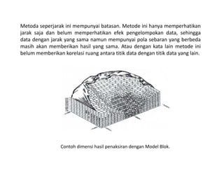 Metoda seperjarak ini mempunyai batasan. Metode ini hanya memperhatikan
jarak saja dan belum memperhatikan efek pengelompokan data, sehingga
data dengan jarak yang sama namun mempunyai pola sebaran yang berbeda
masih akan memberikan hasil yang sama. Atau dengan kata lain metode ini
belum memberikan korelasi ruang antara titik data dengan titik data yang lain.
Contoh dimensi hasil penaksiran dengan Model Blok.
 