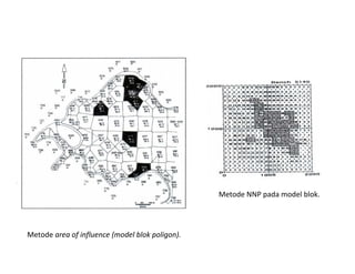 Metode area of influence (model blok poligon).
Metode NNP pada model blok.
 