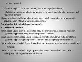 measure probe ) 
c) alat ukur angin ( cup anemo meter ) dan arah angin ( windvane ) 
d) alat ukur radiasi matahari ( pyramometer sensor ), dan alat ukur quantum fluk 
( quantum sensor) 
Masing-masing alat dihubungkan kedata loger untuk pencatatan secara otomatis 
sesuai dengan interval waktu yang diinginkan. 
Contoh gabar 2.1 buku hdrologi halaman 31 
1. Kelembaban udara 
Kelembaban udara akan memantulkan atau menyerap setengah radiasi matahari 
gelombang pendek yang menuju kepermukaan bumi. 
Disamping itu kelembaban udara juga dapat menahan keluarnya radiasi matahari 
gelombang panjang dari permukaan bumi baik siang maupun malam hari. 
Suhu udara meningkat ,kapasitas udara menampung uap air juga semakin me-ningkat. 
Suhu udara bertambah dingin gumpalan awan bertambah besar, dan 
selanjutnya akan jatuh menjadi hujan. 
 