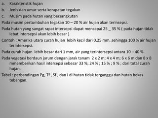 a. Karakteristik hujan 
b. Jenis dan umur serta kerapatan tegakan 
c. Musim pada hutan yang bersangkutan 
Pada musim pertumbuhan tegakan 10 – 20 % air hujan akan terinsepsi. 
Pada hutan yang sangat rapat intersepsi dapat mencapai 25 _ 35 % ( pada hujan tidak 
lebat intersepsi akan lebih besar ). 
Contoh : Amerika utara curah hujan lebih kecil dari 0,25 mm, sehingga 100 % air hujan 
terintersepsi. 
Pada curah hujan lebih besar dari 1 mm, air yang terintersepsi antara 10 – 40 %. 
Pada vegetasi berdaun jarum dengan jarak tanam 2 x 2 m; 4 x 4 m; 6 x 6 m dan 8 x 8 
mmemberikan hasil intersepsi sebesar 33 %; 24 % ; 15 % ; 9 % ; dari total curah 
hujan. 
Tabel : perbandingan Pg, Tf , Sf , dan I di hutan tidak terganggu dan hutan bekas 
tebangan. 
 