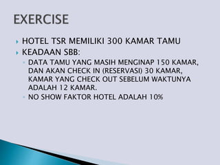  HOTEL TSR MEMILIKI 300 KAMAR TAMU
 KEADAAN SBB:
◦ DATA TAMU YANG MASIH MENGINAP 150 KAMAR,
DAN AKAN CHECK IN (RESERVASI) 30 KAMAR,
KAMAR YANG CHECK OUT SEBELUM WAKTUNYA
ADALAH 12 KAMAR.
◦ NO SHOW FAKTOR HOTEL ADALAH 10%
 