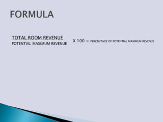 TOTAL ROOM REVENUE
POTENTIAL MAXIMUM REVENUE
X 100 = PERCENTAGE OF POTENTIAL MAXIMUM REVENUE
 