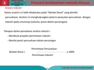Fakultas Ekonomi
dan Bisnis
School Economics and
Business
47 Creating the great business leaders
Forecast berdasarkan metode khusus
Analisis Industri
Dalam analisis ini lebih ditekankan pada “Market Share” yang dimiliki
perusahaan. Analisis ini menghubungkan potensi penjualan perusahaan dengan
industri pada umumnya (volume, posisi dalam persaingan).
Tahapan dalam pemakaian analisis industri :
- Membuat proyeksi permintaan industri
- Menilai posisi perusahaan dalam persaingan
Permintaan Perusahaan
Market Share = x 100%
Permintaan industri
 