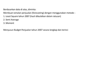 Berdasarkan data di atas, diminta:
Membuat ramalan penjualan (forecasting) dengan menggunakan metode :
1. Least Square tahun 2007 (hasil dibulatkan dalam ratusan)
2. Semi Average
3. Moment
Menyusun Budget Penjualan tahun 2007 secara lengkap dan terinci
 