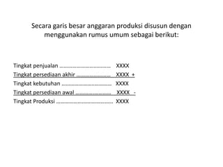 Secara garis besar anggaran produksi disusun dengan
menggunakan rumus umum sebagai berikut:
Tingkat penjualan ……………………………… XXXX
Tingkat persediaan akhir …………………… XXXX +
Tingkat kebutuhan …………………..………… XXXX
Tingkat persediaan awal ………….………… XXXX -
Tingkat Produksi …………………….…………… XXXX
 