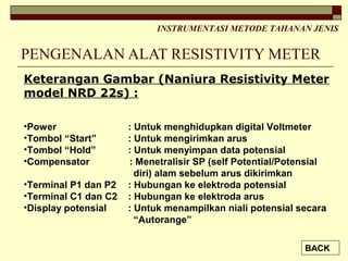 PENGENALAN ALAT RESISTIVITY METER
INSTRUMENTASI METODE TAHANAN JENIS
Keterangan Gambar (Naniura Resistivity Meter
model NRD 22s) :
•Power : Untuk menghidupkan digital Voltmeter
•Tombol “Start” : Untuk mengirimkan arus
•Tombol “Hold” : Untuk menyimpan data potensial
•Compensator : Menetralisir SP (self Potential/Potensial
diri) alam sebelum arus dikirimkan
•Terminal P1 dan P2 : Hubungan ke elektroda potensial
•Terminal C1 dan C2 : Hubungan ke elektroda arus
•Display potensial : Untuk menampilkan niali potensial secara
“Autorange”
BACK
 
