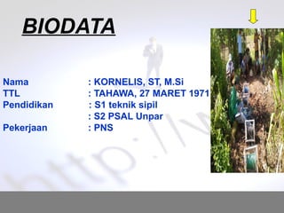 BIODATA
Nama : KORNELIS, ST, M.Si
TTL : TAHAWA, 27 MARET 1971
Pendidikan : S1 teknik sipil
: S2 PSAL Unpar
Pekerjaan : PNS
 