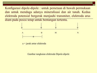 Konfigurasi dipole-dipole : untuk pemetaan di bawah permukaan
dan untuk menduga adanya mineralisasi dan air tanah. Kedua
elektroda potensial bergerak menjauhi transmiter, elektroda arus
diam pada posisi tetap untuk bentangan tertentu.
A B M N
a
a = jarak antar elektroda
Gambar rangkaian elektroda Dipole-dipole
 