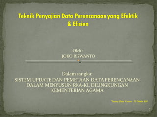 Oleh :
                JOKO RISWANTO



                 Dalam rangka:
SISTEM UPDATE DAN PEMETAAN DATA PERENCANAAN
     DALAM MENYUSUN RKA-KL DILINGKUNGAN
             KEMENTERIAN AGAMA

                                 Tanjung Balai Karimun, 27 Oktober 2011


                                                                          1
 