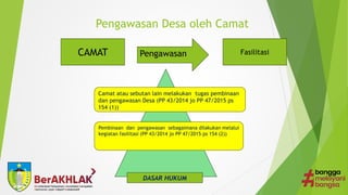 Pengawasan Desa oleh Camat
CAMAT Pengawasan Fasilitasi
Camat atau sebutan lain melakukan tugas pembinaan
dan pengawasan Desa (PP 43/2014 jo PP 47/2015 ps
154 (1))
Pembinaan dan pengawasan sebagaimana dilakukan melalui
kegiatan fasilitasi (PP 43/2014 jo PP 47/2015 ps 154 (2))
DASAR HUKUM
 