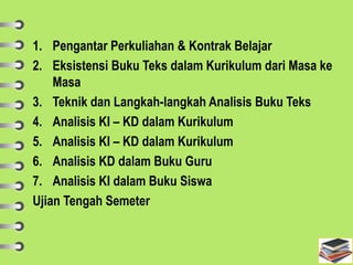 1. Pengantar Perkuliahan & Kontrak Belajar
2. Eksistensi Buku Teks dalam Kurikulum dari Masa ke
Masa
3. Teknik dan Langkah-langkah Analisis Buku Teks
4. Analisis KI – KD dalam Kurikulum
5. Analisis KI – KD dalam Kurikulum
6. Analisis KD dalam Buku Guru
7. Analisis KI dalam Buku Siswa
Ujian Tengah Semeter
 