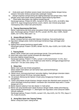 a) Anak-anak ayam dimatikan secara masal, bulu-bulunya dibakar dengan lampu
semprot. Kemudian direbus sampai kaku (setengah masak).
b) Diangin-anginkan sampai kering dan digiling beberapa kali sampai halus. Hasil
gilingan yang masih basah disebut pastadan dapat langsung digunakan.
c) Pasta dapat dikeringkan dan digiling menjadi tepung.
Kandungan gizinya: Protein=61,65%, Lemak=27,30%, Abu=2,34%, Air=8,80%, Nilai
ubah=5–8. Juga mengandung hormon, enzim, vitamin, dan mineral yang dapat
merangsang nafsu makan dan pertumbuhan.
5. Tepung Kepompong Ulat Sutra
Bahan: kepompong ulat sutra yang merupakan limbah industri pemintalan benang sutra
alam. Kandungan gizinya: Protein= 46,74%, Lemak= 29,75%, Abu= 4,86%, Serat=
8,89%, Air= 9,76%, Nilai ubah= 1,8.
6. Ampas Minyak Hati Ikan
Bahan: amapas hati ikan yang telah diperas minyaknya. Cara pembuatannya:
a) digunakan sebagai pasta, karena kandungan lemaknya tinggi, sehingga sukar
dikeringkan.
b) digiling halus sampai bentuknya seperti pellet.
Kandungan gizinya: Protein= 25,08%, lemak= 56,75%, Abu= 6,60%, Air=12,06%, Nilai
ubah= 8.
7. Tepung Darah
Bahan: darah, limbah dari rumah pemotongan ternak. Cara pembuatannya:
a) darah beku yang masih mentah dimasak dan dikeringkan
b) kemudian digiling menjadi tepung.
Kandungan gizinya: Protein= 71,45%, Lemak= 0,42%,Karbohidrat= 13,12%, Abu=
5,45%, Serat= 7,95%, Air= 5,19. Proteinnya sukar dicerna, sehingga penggunaannya
untuk ikan < 3% dan untuk udang < 5%.
8. Silase Ikan
Bahan: ikan rucah dan limbah pengolahan.
Silase adalah hasil olahan cair dari bahan baku asal ikan/limbahnya.
Cara pembuatan:
a) Bahan dicuci, dicincang kecil-kecil, kemudian digiling. Hasil gilingan direndam dalam
larutan asam formiat 3% 24 jan, kemudian diperas.
b) Air perasan ditampung dan lapisan minyak yang mengapung di lapisan atas
disingkirkan.
c) Cairan yang bebas minyak dicampur dengan ampas dan ditambah asam propionat 1%,
untuk mencegah tumbuhnya bakteri / cendawan dan menambah daya awet ± 3 bulan
dengan pH ± 4,5.
d) Bahan diperam selama 4 hari dan diaduk 3- 4 kali sehari.
e) Bahan cair yang bersifat asam dapat dicampur dengan dedak, ketela pohon/tepung
jagung dengan perbandingan 1:1, dikeringkan dan digunakan untuk campuran dalam
ramuan makanan.
Kandungan gizinya: Protein=18-20%, Lemak=1-2%, Abu=4-6%, Air=70- 75%, Kapur=1-
3%, Fosfor=0,3-0,9%.
9. Arang Bulu Ayam dan Tepung Tulang
Bahan: arang bulu ayam, tulang ternak.
 