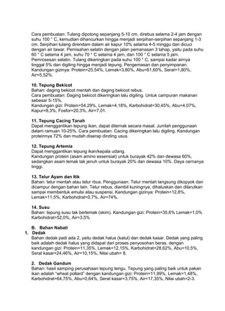Cara pembuatan: Tulang dipotong sepanjang 5-10 cm, direbus selama 2-4 jam dengan
suhu 100 ° C, kemudian dihancurkan hingga menjadi serpihan-serpihan sepanjang 1-3
cm. Serpihan tulang direndam dalam air kapur 10% selama 4-5 minggu dan dicuci
dengan air tawar. Pemisahan selatin dengan jalan pemanasan 3 tahap, yaitu pada suhu
60 ° C selama 4 jam, suhu 70 ° C selama 4 jam, dan 100 ° C selama 5 jam.
Pemrosesan selatin. Tulang dikeringkan pada suhu 100 ° C, sampai kadar airnya
tinggal 5% dan digiling hingga menjadi tepung. Pengemasan dan penyimpanan.
Kandungan gizinya: Protein=25,54%, Lemak=3,80%, Abu=61,60%, Serat=1,80%,
Air=5,52%.
10. Tepung Bekicot
Bahan: daging bekicot mentah dan daging bekicot rebus.
Cara pembuatan: Daging bekicot dikeringkan lalu digiling. Untuk campuran makanan
sebesar 5-15%.
Kandungan gizi: Protein=54,29%, Lemak=4,18%, Karbohidrat=30,45%, Abu=4,07%,
Kapur=8,3%, Fosfor=20,3%, Air=7,01.
11. Tepung Cacing Tanah
Dapat menggantikan tepung ikan, dapat diternak secara masal. Jumlah penggunaan
dalam ramuan 10-25%. Cara pembuatan: Cacing dikeringkan lalu digiling. Kandungan
proteinnya 72% dan mudah diserap dinding usus.
12. Tepung Artemia
Dapat menggantikan tepung ikan/kepala udang.
Kandungan protein (asam amino essensial) untuk burayak 42% dan dewasa 60%,
sedangkan asam lemak tak jenuh untuk burayak 20% dan dewasa 10%. Daya cernanya
tinggi.
13. Telur Ayam dan Itik
Bahan: telur mentah atau telur rbus. Penggunaan: Telur mentah langsung dikopyok dan
dicampur dengan bahan lain. Telur rebus, diambil kuningnya, dihaluskan dan dilarutkan
sampai membentuk emulsi atau suspensi. Kandungan gizinya: Protein=12,8%,
Lemak=11,5%, Karbohidrat=0,7%, Air=74%.
14. Susu
Bahan: tepung susu tak berlemak (skim). Kandungan gizi: Protein=35,6% Lemak=1,0%
Karbohidrat=52,0%, Air=3,5%
B. Bahan Nabati
1. Dedak
Bahan dedak padi ada 2, yaitu dedak halus (katul) dan dedak kasar. Dedak yang paling
baik adalah dedak halus yang didapat dari proses penyosohan beras, dengan
kandungan gizi: Protein=11,35%, Lemak=12,15%, Karbohidrat=28,62%, Abu=10,5%,
Serat kasar=24,46%, Air=10,15%, Nilai ubah= 8.
2. Dedak Gandum
Bahan: hasil samping perusahaan tepung terigu. Tepung yang paling baik untuk pakan
ikan adalah “wheat pollard” dengan kandungan gizi: Protein=11,99%, Lemak=1,48%,
Karbohidrat=64,75%, Abu=0,64%, Serat kasar=3,75%, Air=17,35%, Nilai ubah=2-3.
 