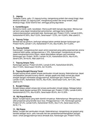 3. Jagung
Terdapat 2 jenis, yaitu: (1) Jagung kuning, mengandung protein dan energi tinggi, daya
lekatnya rendah; (2) Jagung putih, mengandung protein dan enrgi rendah, daya
lekatnya tinggi. Sukar dicerna ikan, sehingga jarang digunakan.
4. Cantel/Sorgum
Berwarna merah, putih, kecoklatan. Warna putih lebih banyak digunakan. Mempunyai
zat tanin yang dapat menghambat pertumbuhan, sehingga harus ditambah
metionin/penyosohan yang lebih baik. Kandungan gizi: Protein=13,0%, Lemak=2,05%,
Karbohidrat=47,85%, Abu=12,6%, Serat kasar= 13,5%, Air=10,64%, Nilai ubah2-5.
5. Tepung Terigu
Berasal dari biji gandum, berfungsi sebagai bahan perekat dengan kandungan gizi:
Protein=8,9%; Lemak=1,3%; Karbohidrat=77,3%; Abu=0,06%; Air=13,25%.
6. Tepung Kedele
Keuntungan: mengandung lisin asam amino essensial yang paling essensial dan aroma
makanan lebih sedap, penggunaannya ± 10%. Kekurangan: mengandung zat yang
dapat menghambat enzim tripsin, dapat dikendalikan dengan cara memasak.
Kandungan gizi: Protein: 39,6%, Lemak=14,3%, Karbohidrat=29,5%, Abu=5,4%,
Serat=2,8%, Air=8,4%, Nilai ubah=3-5.
7. Tepung Ampas Tahu
Kandungan gizinya: Protein=23,55%, Lemak=5,54%, Karbohidrat=26,92%,
Abu=17,03%, Serat kasar=16,53%, Air=10,43%.
8. Tepung Bungkil Kacang Tanah
Bungkil kacang tanah adalah ampas pembuatan minyak kacang. Kelemahannya: dapat
menyebabkan penyakit kurang vitamin, dengan gejala sirip tidak normal dan dapat
dicegah dengan membatasi penggunaannya. Kandungan gizi: Protein=47,9%,
Lemak=10,9%, Karbohidrat =25,0%, Abu=4,8%, Serat kasar=3,6%, Air=7,8%, Nilai
ubah=2,7-4.
9. Bungkil Kelapa
Bungkil kelapa adalah ampas dari proses pembuatan minyak kelapa. Sebagai bahan
ramuan dapat dipakai sampai 20%. Kandungan gizi: Protein=17,09%, Lemak=9,44%,
Karbohidrat=23,77%, Abu=5,92%, Serat kasar=30,4%, Air=13,35%.
10. Biji Kapuk/Randu
Bahan: bungkil kapuk yang telah diambil minyaknya. Kelemahannya: Mengandung zat
siklo-propenoid yang bersifat racun bius. Penggunaannya < 5%. Kandungan gizinya:
Protein=27,4%, Lemak=5,6%, Karbohidrat=18,6%, Abu=7,3%, Serat kasa=25,3%,
Air=6,1 %.
11. Biji Kapas
Bahan: bungkil dari pembuatan minyak. Kelemahannya: mengandung zat gosipol yang
bersifat sebagai racun, yaitu merusak hati dan perdarahan/pembengkakan jaringan
tubuh. Untuk penggunaannya harus dimasak dulu. Kandungan gizi: Protein=19,4%,
 