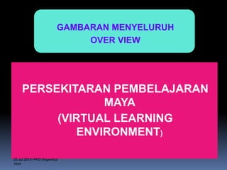 GAMBARAN MENYELURUH
                            OVER VIEW




    PERSEKITARAN PEMBELAJARAN
                 MAYA
         (VIRTUAL LEARNING
             ENVIRONMENT)

25 Jul 2012~PKG Segambut
Jaya
 