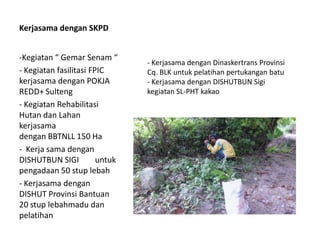 Kerjasama dengan SKPD
-Kegiatan “ Gemar Senam “
- Kegiatan fasilitasi FPIC
kerjasama dengan POKJA
REDD+ Sulteng
- Kegiatan Rehabilitasi
Hutan dan Lahan
kerjasama
dengan BBTNLL 150 Ha
- Kerja sama dengan
DISHUTBUN SIGI untuk
pengadaan 50 stup lebah
- Kerjasama dengan
DISHUT Provinsi Bantuan
20 stup lebahmadu dan
pelatihan
- Kerjasama dengan Dinaskertrans Provinsi
Cq. BLK untuk pelatihan pertukangan batu
- Kerjasama dengan DISHUTBUN Sigi
kegiatan SL-PHT kakao
 