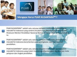 PIJAR NUSANTARA™ adalah satu-satunya software multimedia pembelajaran
1   interaktif di Indonesia yang content (muatan)-nya dikembangkan berdasarkan
    Peraturan Menteri Pendidikan Nasional Nomor 22 Tahun 2005 Tentang Standard
    Isi.

    PIJAR NUSANTARA™ adalah satu-satunya software multimedia pembelajaran
2   interaktif di Indonesia beroritentasi pada peningkatan standard nasional
    pendidikan.

    PIJAR NUSANTARA™ adalah satu-satunya software multimedia pembelajaran
3   interaktif di Indonesia yang materi muatannya dikembangkan berdasarkan mata
    pelajaran dan tingkat pendidikan.
 