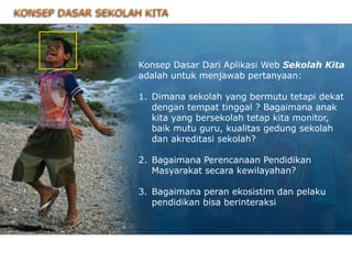 Konsep Dasar Dari Aplikasi Web Sekolah Kita
adalah untuk menjawab pertanyaan:
1. Dimana sekolah yang bermutu tetapi dekat
dengan tempat tinggal ? Bagaimana anak
kita yang bersekolah tetap kita monitor,
baik mutu guru, kualitas gedung sekolah
dan akreditasi sekolah?
2. Bagaimana Perencanaan Pendidikan
Masyarakat secara kewilayahan?
3. Bagaimana peran ekosistim dan pelaku
pendidikan bisa berinteraksi
KONSEP DASAR SEKOLAH KITA
 