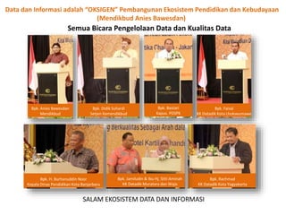 SALAM EKOSISTEM DATA DAN INFORMASI
Data dan Informasi adalah “OKSIGEN” Pembangunan Ekosistem Pendidikan dan Kebudayaan
(Mendikbud Anies Bawesdan)
Bpk. Anies Bawesdan
Mendikbud
Bpk. Didik Suhardi
Setjen Kemendikbud
Bpk. Bastari
Kapus. PDSPK
Bpk. Faisal
KK Datadik Kota Lhokseumawe
Semua Bicara Pengelolaan Data dan Kualitas Data
Bpk. Rachmad
KK Datadik Kota Yogyakarta
Bpk. H. Burhanuddin Noor
Kepala Dinas Pendidikan Kota Banjarbaru
Bpk. Jamiludin & Ibu Hj. Sitti Aminah
KK Datadik Muratara dan Wajo
 