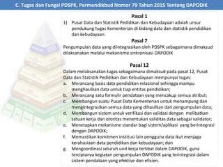 C. Tugas dan Fungsi PDSPK, Permendikbud Nomor 79 Tahun 2015 Tentang DAPODIK
Pasal 1
1) Pusat Data dan Statistik Pedidikan dan Kebudayaan adalah unsur
pendukung tugas Kementerian di bidang data dan statistik pendidikan
dan kebudayaan.
Pasal 7
Pengumpulan data yang diintegrasikan oleh PDSPK sebagaimana dimaksud
dilaksanakan melalui mekanisme sinkronisasi DAPODIK
Pasal 12
Dalam melaksanakan tugas sebagaimana dimaksud pada pasal 12, Pusat
Data dan Statistik Pedidikan dan Kebudayaan mempunyai tugas:
a. Merancang basis data pendidikan relasional sehingga mampu
menghasilkan data untuk tiap entitas pendidikan;
b. Merancang satu formulir pendataan yang mencakup semua atribut;
c. Membangun suatu Pusat Data Kementerian untuk menampung dan
mengintegrasikan semua data yang dihasilkan dari pengumpulan data;
d. Membangun sistem untuk verifikasi dan validasi dengan melibatkan
satuan kerja dan otoritas menentukan validitas data sebagai validator;
e. Menetapkan mekanisme standar bagi sistem/aplikasi yang berintegrasi
dengan DAPODIK;
f. Memastikan komitmen institusi lain pengguna data ikut menjaga
kerahasiaan data pendidikan dan kebudayaan; dan
g. Mengoordinasi seluruh unit kerja terlibat dalam DAPODIK, guna
terciptanya kegiatan pengumpulan DAPODIK yang terintegrasi dalam
sistem pendataan yang efektive dan efisien.
 