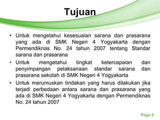 Tujuan
               Free Powerpoint Templates




• Untuk mengetahui kesesuaian sarana dan prasarana
  yang ada di SMK Negeri 4 Yogyakarta dengan
  Permendiknas No. 24 tahun 2007 tentang Standar
  sarana dan prasarana
• Untuk     mengetahui    tingkat   ketercapaian dan
  penyimpangan pelaksanaan standar sarana dan
  prasarana sekolah di SMK Negeri 4 Yogyakarta
• Untuk merumuskan tindakan yang harus dilakukan jika
  terjadi perbedaan antara sarana dan prasarana yang
  ada di SMK Negeri 4 Yogyakarta dengan Permendiknas
  No. 24 tahun 2007

                                                 Page 8
 