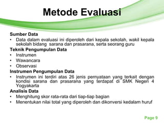 Metode Evaluasi
                Free Powerpoint Templates



Sumber Data
• Data dalam evaluasi ini diperoleh dari kepala sekolah, wakil kepala
   sekolah bidang sarana dan prasarana, serta seorang guru
Teknik Pengumpulan Data
• Instrumen
• Wawancara
• Observasi
Instrumen Pengumpulan Data
• Instrumen ini terdiri atas 26 jenis pernyataan yang terkait dengan
   kondisi sarana dan prasarana yang terdapat di SMK Negeri 4
   Yogyakarta
Analisis Data
• Menghitung skor rata-rata dari tiap-tiap bagian
• Menentukan nilai total yang diperoleh dan dikonversi kedalam huruf


                                                                Page 9
 