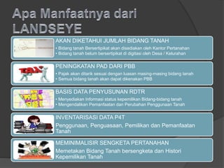 AKAN DIKETAHUI JUMLAH BIDANG TANAH
• Bidang tanah Bersertipikat akan disediakan oleh Kantor Pertanahan
• Bidang tanah belum bersertipikat di digitasi oleh Desa / Kelurahan
PENINGKATAN PAD DARI PBB
• Pajak akan ditarik sesuai dengan luasan masing-masing bidang tanah
• Semua bidang tanah akan dapat dikenakan PBB
BASIS DATA PENYUSUNAN RDTR
• Menyediakan Informasi status kepemilikan Bidang-bidang tanah
• Mengendalikan Pemanfaatan dan Perubahan Penggunaan Tanah
INVENTARISASI DATA P4T
Penggunaan, Penguasaan, Pemilikan dan Pemanfaatan
Tanah
MEMINIMALISIR SENGKETA PERTANAHAN
Memetakan Bidang Tanah bersengketa dan Histori
Kepemilikan Tanah
 